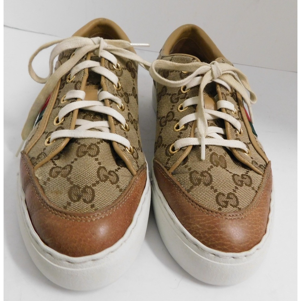 Gucci Ace Red Green Stripe GG Brown Canvas Leather Low-Top Sneakers 38 G - Picture 4 of 7